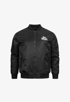 Black bomber jacket made of smooth nylon with a zip closure, ribbed cuffs and hem, and Lonsdale logo on the left chest. Features side pockets.