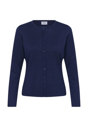 Mereväe sinist värvi kardigan, mis on valmistatud kootud materjalist, millel on ümmargune kaelus, pikad varrukad ja ees nööpidega kinnituv front koos sobivate nööpidega.