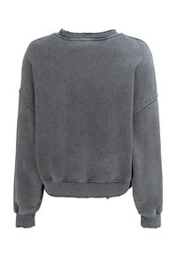 Szara krótka bluza wykonana z teksturowanej mieszanki bawełny, z prążkowanym dekoltem, mankietami i dołem. Widok z tyłu ukazuje prosty, schludny design.