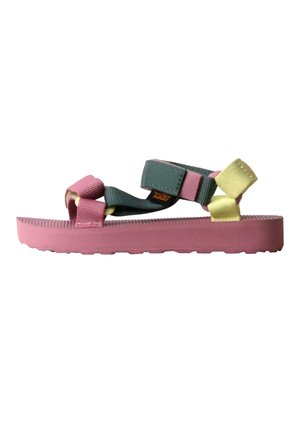 Sandalia con suela de goma rosa y tiras de tela ajustables en verde, amarillo y rosa, diseñada para uso casual.