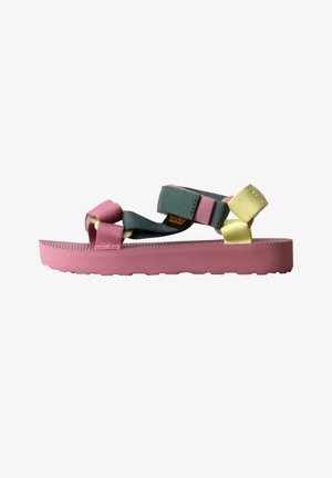 Sandalo con suola in gomma rosa e cinturini regolabili in tessuto verde, giallo e rosa, progettato per un uso casual.