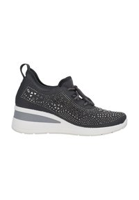 Sneakers wedge grigi con parte superiore in rete che presenta motivi con borchie, chiusura con lacci e suola in gomma bianca con accenti grigi.