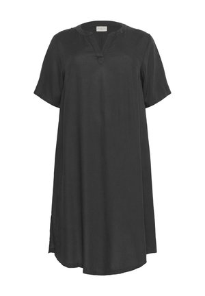 Juoda lininė suknelė su trumpomis rankovėmis ir V formos iškirpte, turi šoninius įpjovimus ir laisvą A formos siluetą. Lygus tekstūra ir minimalus dizainas.