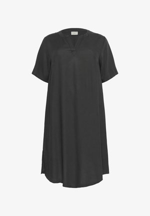 Vestido de lino negro con mangas cortas y escote en V, que presenta aberturas laterales y una silueta en A relajada. Textura suave y diseño minimalista.