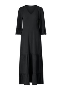 Zwarte maxidress met een V-hals, lange vloeiende mouwen, textuurstof en een gelaagde rand met ruffles. Eenvoudig en elegant ontwerp.