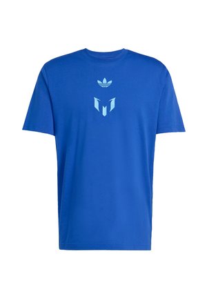 T-shirt en coton bleu avec col rond, manches courtes et logos bleu clair sur la poitrine. Texture lisse, coupe régulière.