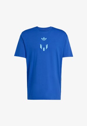 Blue cotton t-shirt featuring a crew neck, short sleeves, and light blue logo designs on the chest. Smooth texture, regular fit.