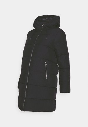 Svart dunjakke med hette, med glidelås i front og to glidelåslommer. Stoffet har en glatt tekstur og kviltet design.