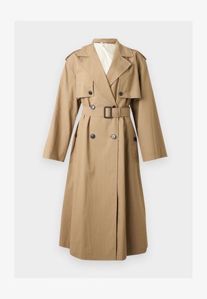 Μπεζ διπλόπεστο παλτό στρατιωτικού τύπου με φαρδιές πέτο γιακάδες, επιτούλια στους ώμους, ζώνη στη μέση και τσέπες στο πλάι με κουμπιά.