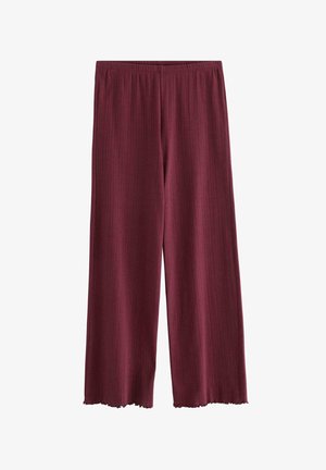 Vinröda vida byxor med ribbad struktur, resårmidja och råa kanter i fållen. Lättviktsmaterial för komfort.