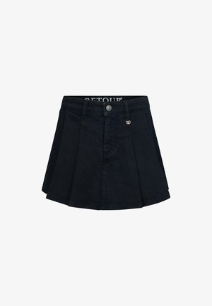 Zwarte geplooide mini-rok met riemlussen, sluiting met knopen aan de voorkant en een klein metalen logo op de tailleband.