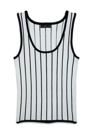 Weißes ärmelloses Tanktop mit vertikalen schwarzen Streifen und schwarzem Besatz am Ausschnitt und an den Armausschnitten.