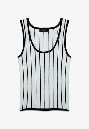 Weißes ärmelloses Tanktop mit vertikalen schwarzen Streifen und schwarzem Besatz am Ausschnitt und an den Armausschnitten.