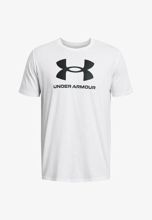 Valkoinen puuvillainen t-paita, jossa on musta "Under Armour" -logo ja emblem rinnan kohdalla. Lyhyet hihat, pyöreä kaula-aukko ja rento istuvuus.