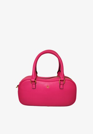 Borsa a tracolla in pelle rosa brillante con bordi arrotondati, doppi manici, cerniera dorata e piccolo emblema dorato al centro anteriore.