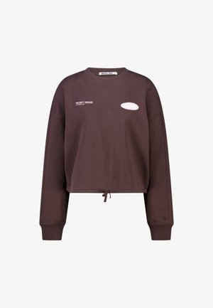 Sweatshirt marron court à manches longues, avec cordon de serrage à l'ourlet et inscription blanche "RESET MODE" sur le devant, agrémentée d'un logo dans un ovale rose.
