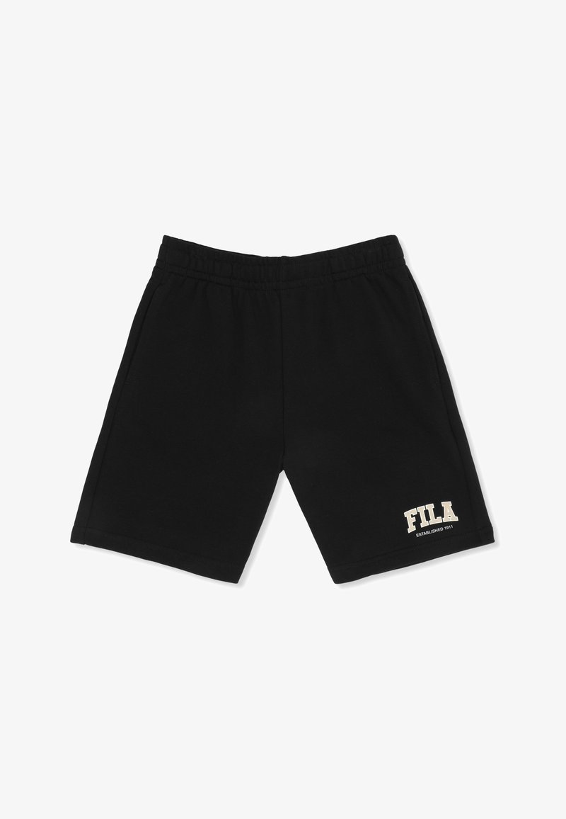 Shorts à taille élastique noire avec poches latérales, arborant le logo FILA blanc et le texte "Established 1911" sur la partie inférieure de la jambe gauche.