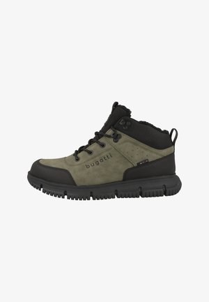 Olive green and black high-top Bugatti sneaker with lace-up closure, textured sole, and padded ankle collar for outdoor wear.