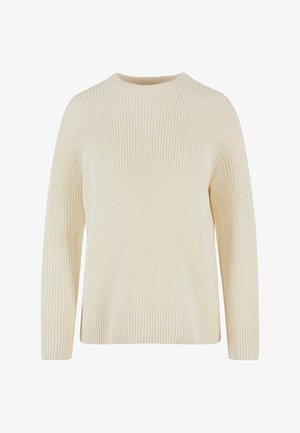 Crème ribgebreide trui met ronde halslijn, lange mouwen en een ontspannen pasvorm. Heeft een gestructureerde stof overal.