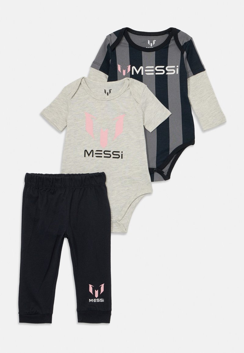Three-piece baby outfit including a gray short-sleeve bodysuit with pink logo, a long-sleeve striped bodysuit, and black pants.