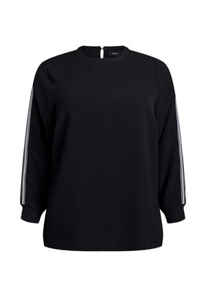 Svart långärmad tröja med rund halsringning, tre vita ränder som löper längs varje ärm och ett litet knappstängning bak.