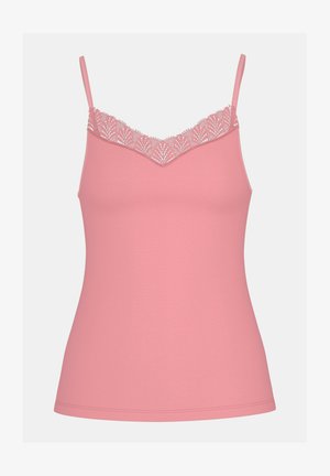 Camisole rose avec bretelles spaghetti réglables. Présente une bordure en dentelle le long de l'encolure. Fabriquée en tissu lisse et extensible.