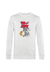 Biała bluza z długim rękawem z grafiką przedstawiającą Tomka i Jerry'ego, w żywych kolorach i wyraźnym napisie. Miękka tkanina oraz ściągacze przy mankietach.