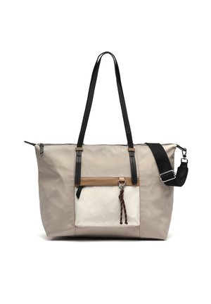 Beige en crèmekleurige draagtas met zwarte handvatten, voorvak met bruine bies en kwastje, en verstelbare zwarte schouderriem.