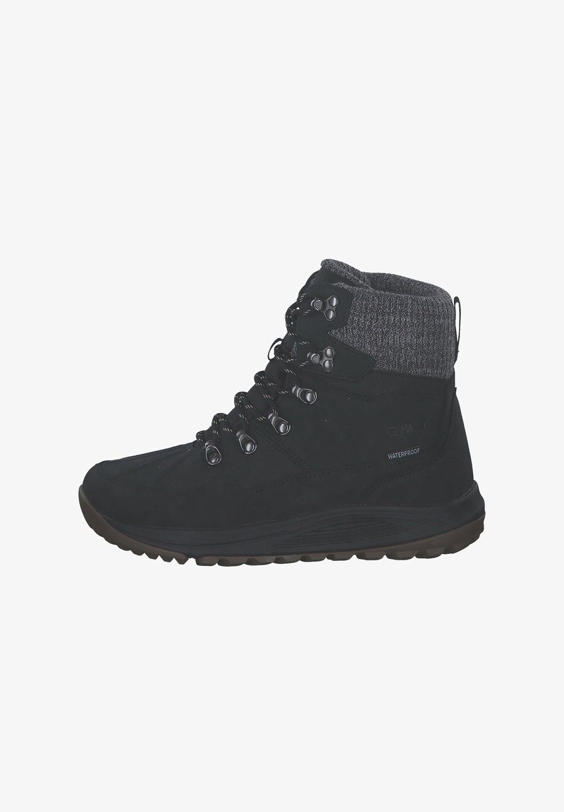 Botte noire imperméable avec un col de cheville texturé gris, devant à lacets, semelle en caoutchouc et œillets renforcés pour un maintien sécurisé.