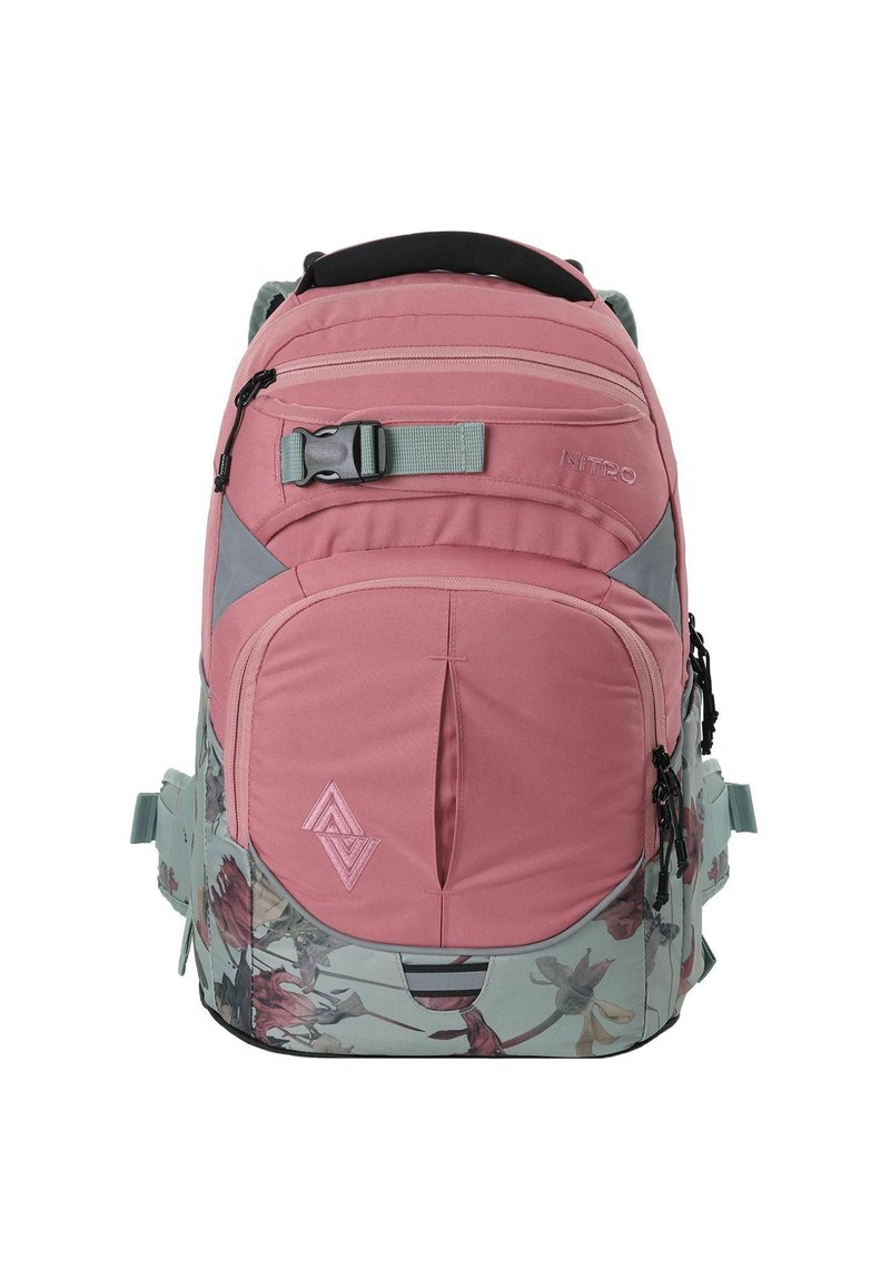 Sac à dos rose avec des accents floraux gris, comprenant plusieurs compartiments, des bretelles ajustables et une poignée supérieure. Matériau durable et fermetures éclair.