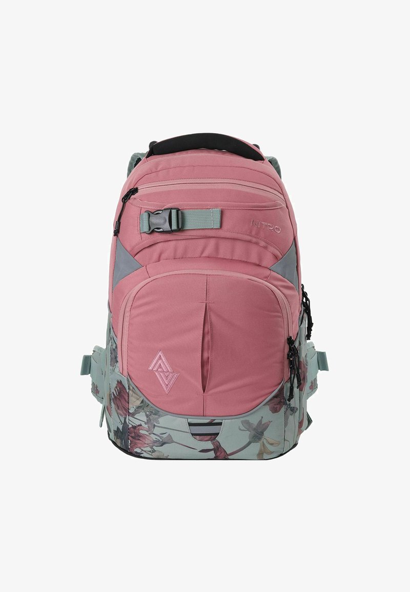 Sac à dos rose avec des accents floraux gris, comprenant plusieurs compartiments, des bretelles ajustables et une poignée supérieure. Matériau durable et fermetures éclair.