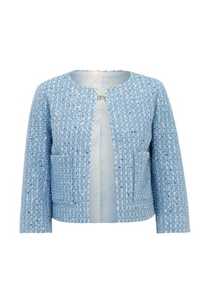 Veste cropped bleu clair en tissu texturé avec des embellissements en sequins, sans boutons, et deux poches avant. Doublure douce visible à l'intérieur.