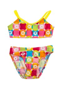 Kolorowy dwuczęściowy strój kąpielowy składający się z topu braletki i dolnej części bikini. Wykonany z gładkiego materiału z kwiatowym i okrągłym wzorem w żywych odcieniach.