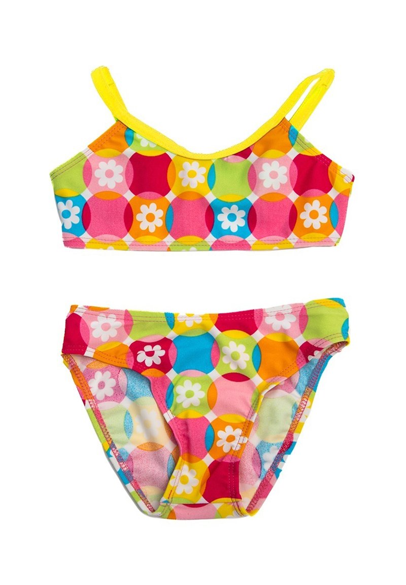 Kolorowy dwuczęściowy strój kąpielowy składający się z topu braletki i dolnej części bikini. Wykonany z gładkiego materiału z kwiatowym i okrągłym wzorem w żywych odcieniach.