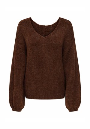 Pull marron en maille avec col en V et manches longues légèrement bouffantes, doté d’un ourlet et de poignets côtelés.