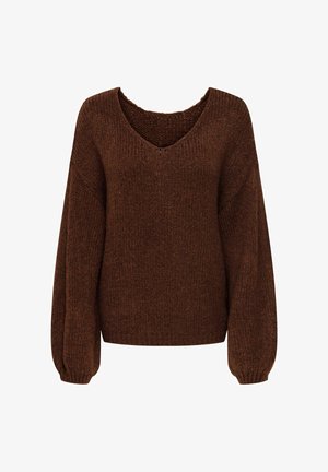 Pull marron en maille avec col en V et manches longues légèrement bouffantes, doté d’un ourlet et de poignets côtelés.