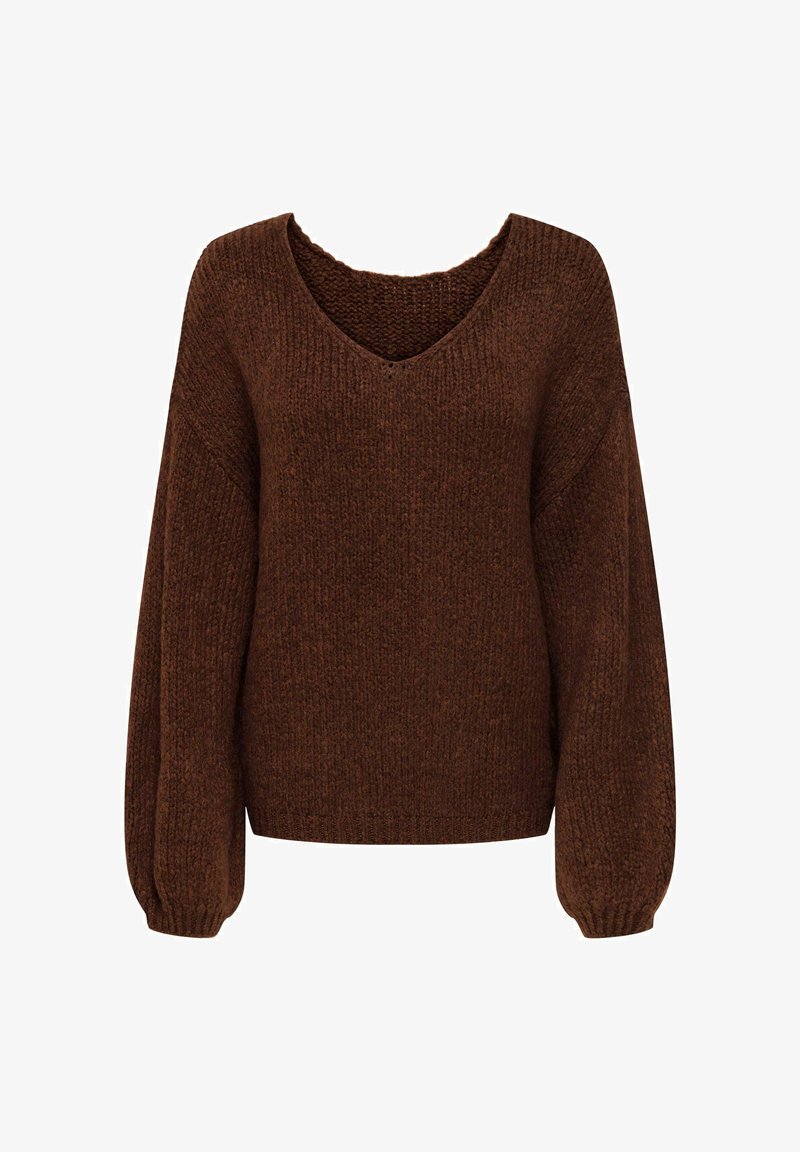 Pull marron en maille avec col en V et manches longues légèrement bouffantes, doté d’un ourlet et de poignets côtelés.