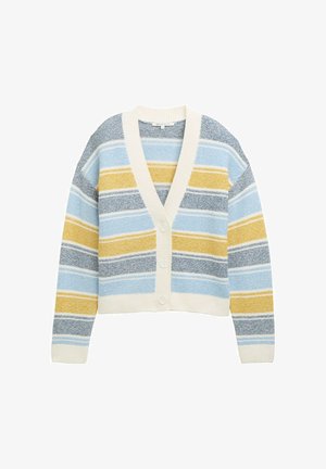 Csíkos kardigán kék, szürke, sárga és krém színekben. Kötött textúrájú, nyitott elülső résszel és V-nyakkal, öt gombbal. Rövidített hosszúságú.