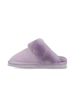 Purple suede slipper with a plush fur cuff, soft texture, rounded shape, and a flexible rubber sole.