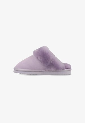 Purple suede slipper with a plush fur cuff, soft texture, rounded shape, and a flexible rubber sole.