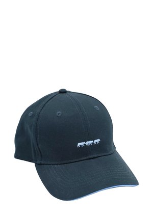 Casquette noire en mélange de coton, avec une visière incurvée et trois silhouettes blanches de vaches brodées à l'avant. Texture lisse.