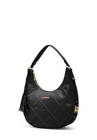 Borsa a tracolla in pelle nera con design trapuntato, dettagli dorati e un accento a nappina. Caratterizzata da una singola tracolla e chiusura con zip.