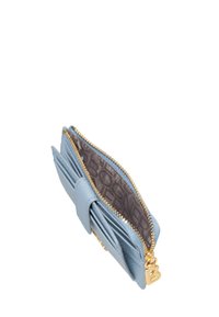 Compact light blue leather wallet with a gold zip closure, featuring multiple card slots and a textured interior pattern.