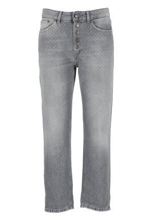 Jeans in denim grigio con vestibilità dritta, caratterizzati da una chiusura a bottoni e un piccolo motivo a pois bianchi su tutta la superficie. Design standard a cinque tasche.