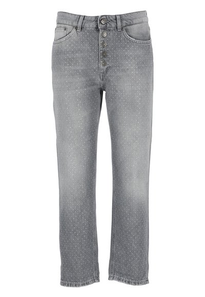 Jeans in denim grigio con vestibilità dritta, caratterizzati da una chiusura a bottoni e un piccolo motivo a pois bianchi su tutta la superficie. Design standard a cinque tasche.