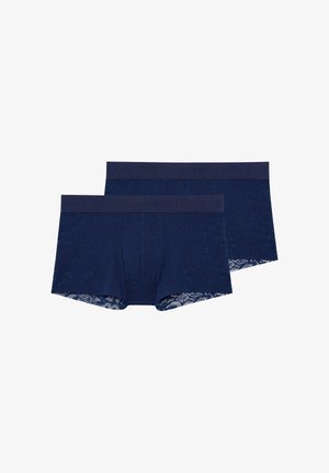 Marineblauwe boxers met kanten details, voorzien van een effen tailleband met reliëflogo. De stof heeft een bloemmotief en biedt een semi-doorzichtige uitstraling.