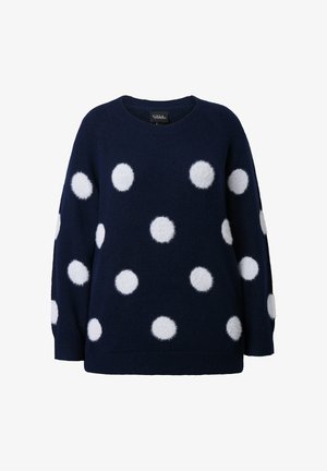 Námořnický svetr s chlupatými bílými puntíky, kulatým výstřihem a volným střihem. Vyroben z měkké látky s dlouhými rukávy a žebrovaným lemem.