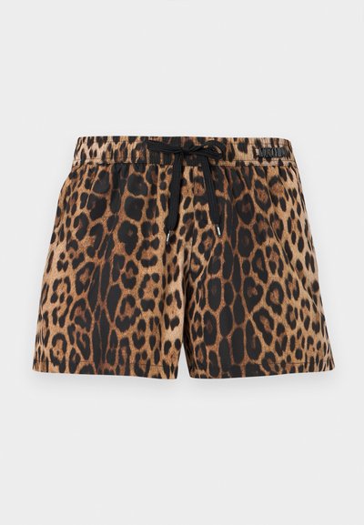 Leopardenmuster-Shorts mit elastischem Bund und schwarzer Kordel, mit kleinem Markenlabel auf der rechten Seite.
