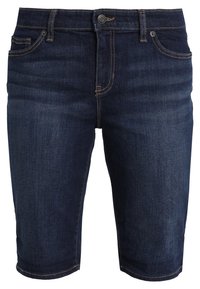 Tmavě modré džíny šortky s klasickým střihem, vybavené zapínáním na knoflík, pěti kapsami a jemnými švy podél okrajů.