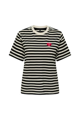 T-shirt rayé avec des rayures horizontales noires et blanches, à manches courtes, col rond, arborant un logo de cœur rouge avec le texte "THE VIB CLUB".